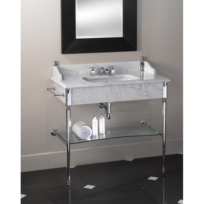 Lavabo Madison con piano in marmo bianco Carrara,porta asciugamani,ripiano in vetro L105,5xH103,5xP57 con gambe cromate DEVON&DE