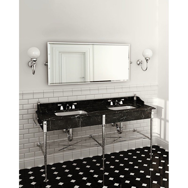 Lavabo DoubleMadison con piano in marmo Nero Marquinha,2 portasciugamani,ripiano in vetro L192xH103,5xP57 con gambe cromate DEVO