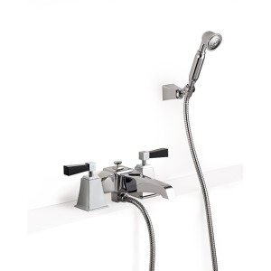 Groupe de bain Vip Time pour montage sur rebord avec douchette, flexible et support articulé - leviers en cristal blanc DEVON&DE