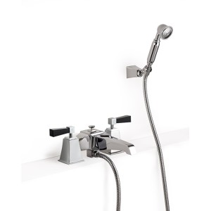 Vip Time Bath group for rim mounting with hand shower, flexible hose and jointed support - levers in white crystal DEVON&DEVON -
