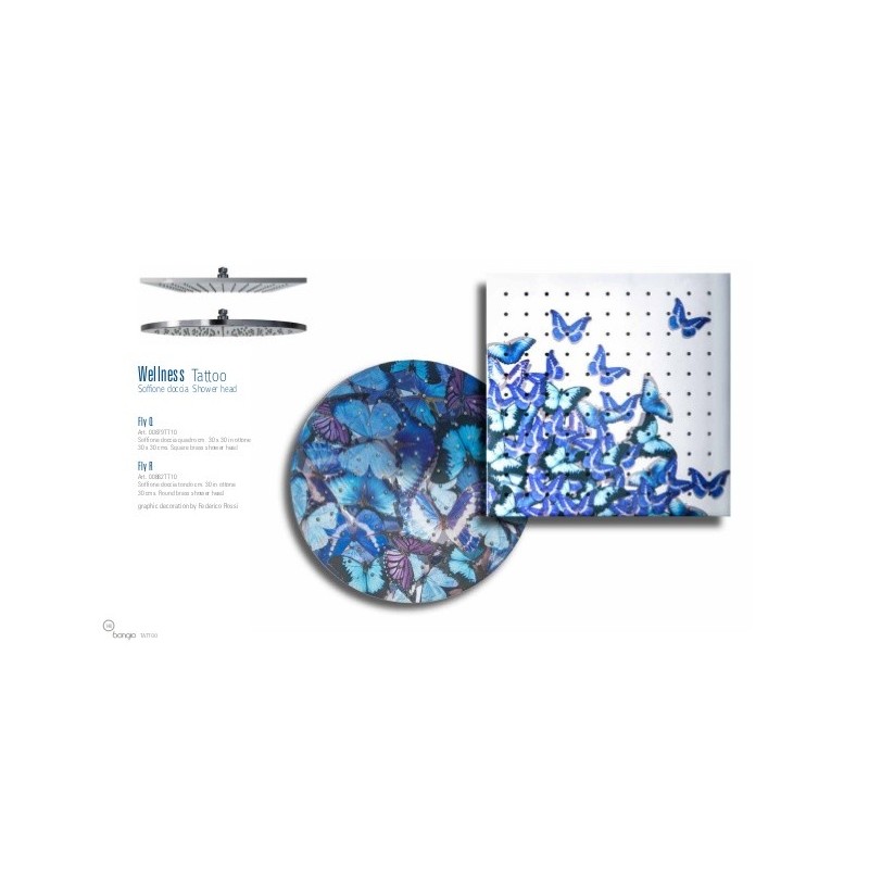 TATTOO WELLNESS SHOWER Steel round shower head ø mm 300 with graphic Chrome  Bongio 00882TT10FLY Q-BLUE BONGIO RUBINETTERIE  - 1